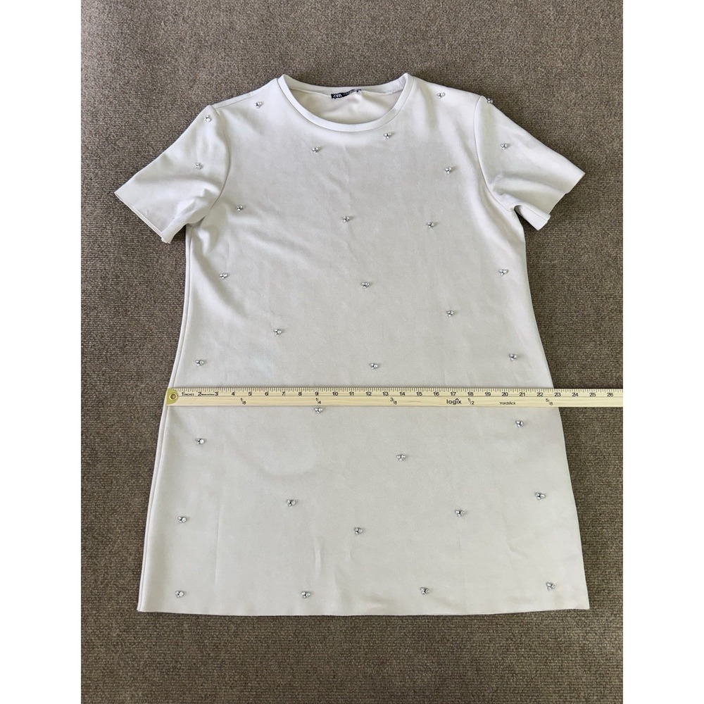 Zara Faux Suede Rhinestone Embellished Shift Mini Dress XL Cream/Ivory - Picture 5 of 13